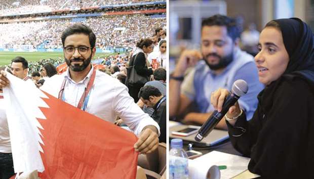 Hamad Sultan al-Kuwari, senior director at Al Kass Sports Channels and Josoor Institute alumnus delegate, attends a match at the 2018 FIFA World Cup. Right: Eman al-Khamiri, Qatar University Sports Management graduate and Josoor Institute alumnus delegate, also was part of the SCu2019s Observation Programme.