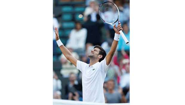 Serbiau2019s Novak Djokovic celebrates winning his first round match against Tennys Sandgren of the US yesterday.