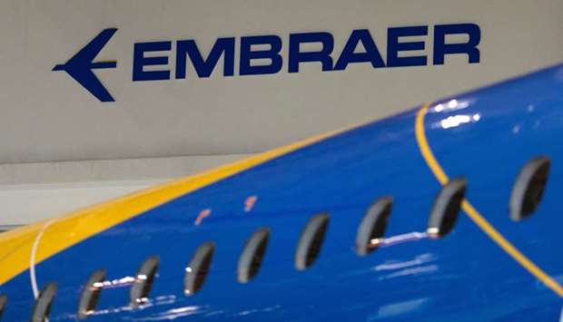 The logo of Brazilian planemaker Embraer SA is seen at the company's headquarters in Sao Jose dos Campos, Brazil.