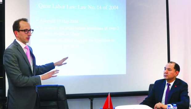 Kyrgyzstan ambassador Nuran S Niyazaliev (right) and Al Sulaiti Law Firm's International Section head and senior legal adviser Mathieu R Faupin at a recent seminar on Qatar's Labour Law at the Kyrgyzstan embassy in Doha. PICTURE: Jayan Orma.