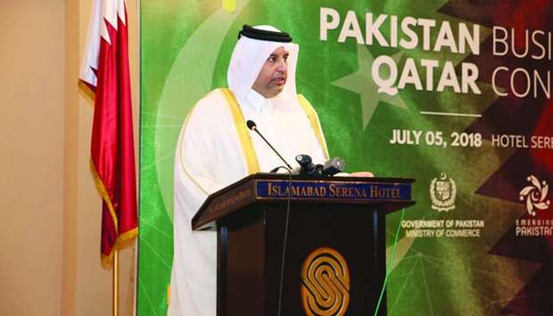 HE the Minister of Economy and Commerce Sheikh Ahmed bin Jassim bin Mohamed al-Thani addressing the Qatar-Pakistan Business Conference in Islamabad