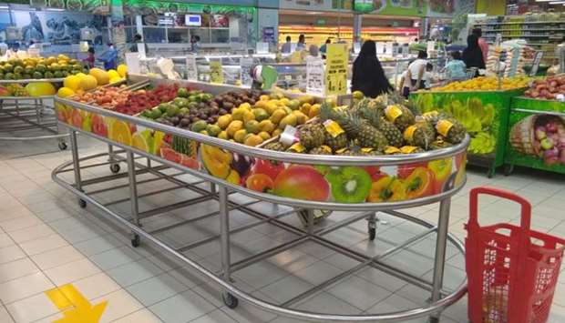 In the previous years the fruit section at hypermarkets used to be flooded with different varieties of mangoes during the summer. However, sections that used to house only mangoes have a very small space for their sales this season. A view from one of the hypermarkets Thursday.