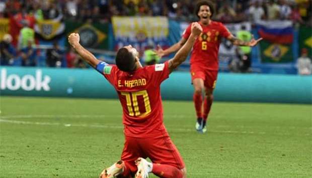 Belgium's Eden Hazard celebrates their win in the quarter-final match against Brazil at the Kazan Arena on Friday.