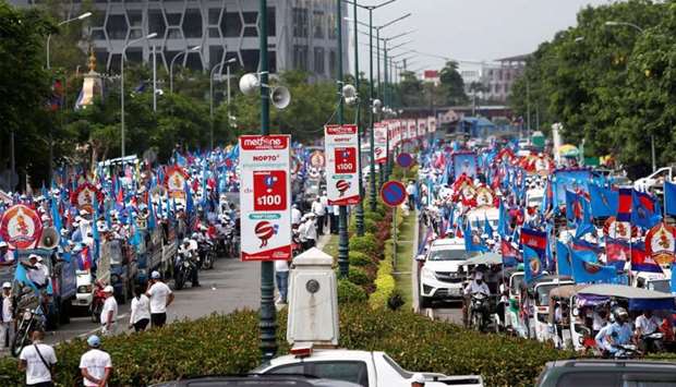 Supporters of the ruling Cambodian People's Party (CPP) gather during an election campaign in Phnom Penh