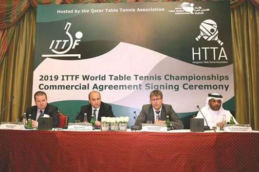From left: ITTF CEO Steve Dainton, Hungarian Table Tennis Association President Roland Natran, ITTF President Thomas Weikert, ITTF Deputy President and QTTA President Khalil Ahmed al-Mohannadi during the agreement signing ceremony in Doha.