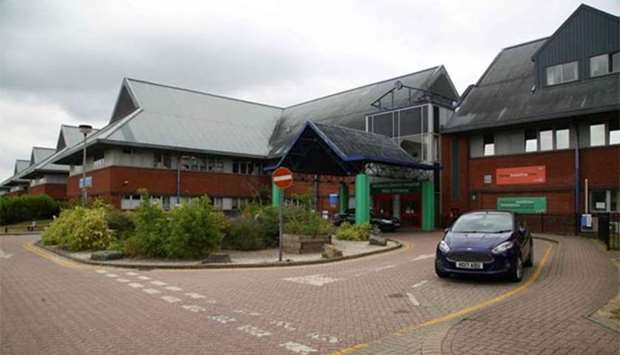 The main entrance to Salisbury District Hospital in Salisbury, southern England, where a man and a woman were admitted after exposure to an unknown substance.