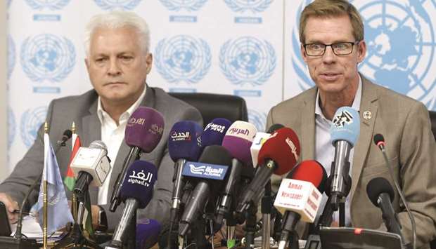UN Resident and Humanitarian Co-ordinator in Jordan Anders Pedersen (right) and UNHCR  Representative in Jordan Stefano Severe, give a joint press conference on the Syrian refugees situation, in Amman, yesterday.