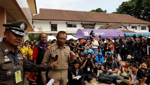 Narongsak Osottanakorn, former governor of Chiang Rai province and the head of the rescue mission, attends a news conference after resuming the mission to rescue a group of boys and their soccer coach trapped in a flooded cave on Monday.