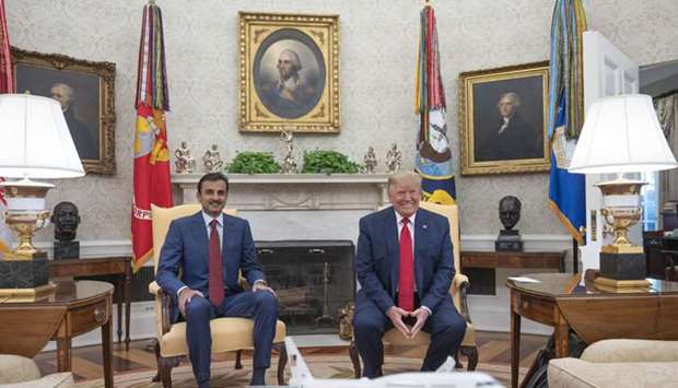 His Highness the Amir Sheikh Tamim bin Hamad al-Thani with US President Donald Trump in the White House Tuesday.