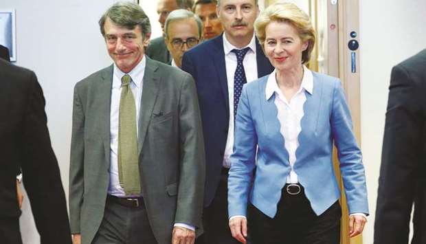 European Parliament President David-Maria Sassoli and German Defence Minister Ursula von der Leyen attend the Conference of Presidents of European Parliamentu2019s party blocs in Brussels yesterday.
