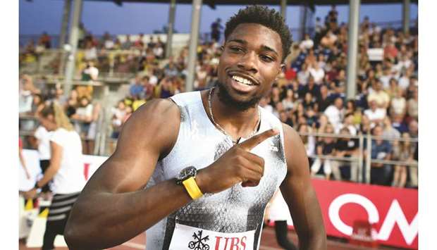 File photo of Noah Lyles of the US celebrating after winning in the menu2019s 200m during the IAAF Diamond League competition on July 5 in Lausanne.