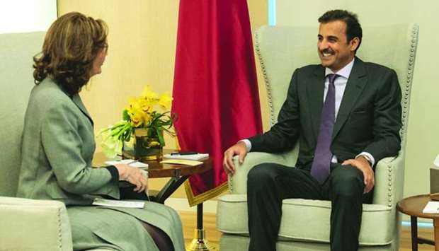 His Highness the Amir Sheikh Tamim bin Hamad al-Thani with the Director of the Central Intelligence Agency of the US, Gina Haspel, at his residence in Washington, DC.