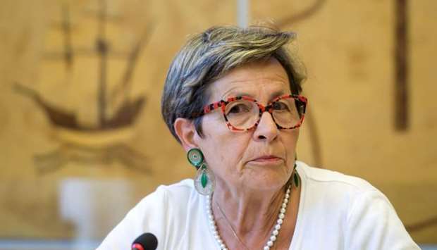 Viviane Lambert, the mother of Vincent Lambert who is in a vegetative state since 2008, speaks during an event on the sideline of the United Nations Human Rights Council in Geneva
