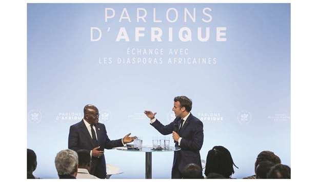 French President Emmanuel Macron and Ghanaian President Nana Akufo-Addo debate at the Elysee presidential palace in Paris yesterday during the u2018Parlons du2019Afriqueu2019 (Letu2019s talk about Africa) gathering of the African diaspora.