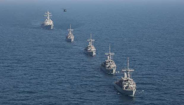 A formation of US Avenger-class mine countermeasure ships manoeuvre in the Arabian Sea earlier this month.