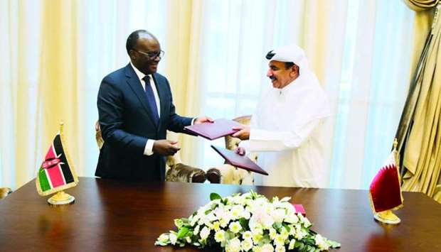 The agreement signed by HE the Minister of Transport and Communications Jassim Saif Ahmed al-Sulaiti (right) and Kenyan Minister of Transport, Infrastructure, Housing and Urban Development James Macharia enables national carrier Qatar Airways will be able to increase frequencies to Mombasa u201cby one flight a dayu201d.