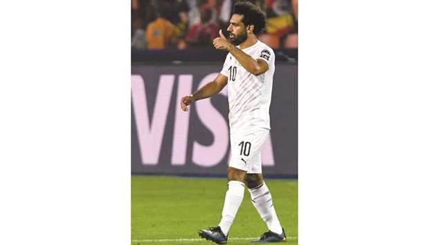 Egyptu2019s forward Mohamed Salah celebrates his goal against Uganda at the Cairo International Stadium in the Egyptian capital.
