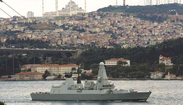 British Royal Navy destroyer HMS Duncan (D37) sails in the Bosphorus, on its way to the Mediterranean Sea, in Istanbul, yesterday.