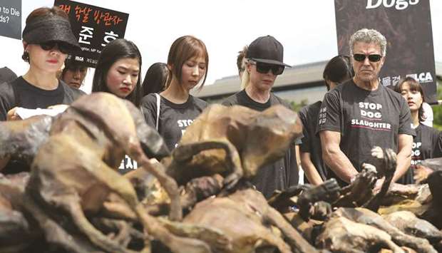 American actor Kim Basinger and Chris DeRose, president of Last Chance for Animals, attend a rally against the practice of eating dog meat in front of the National Assembly in Seoul, yesterday.