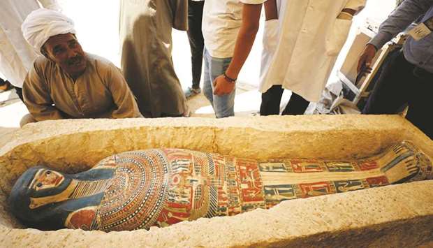 A sarcophagus that was discovered near the King Amenemhat II pyramid is displayed during a presentation in Dahshur, south of Cairo.