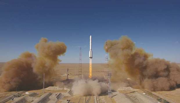 The Russian Proton-M booster with the Spektr-RG space observatory blasts off from the launchpad at the Baikonur Cosmodrome, Kazakhstan.