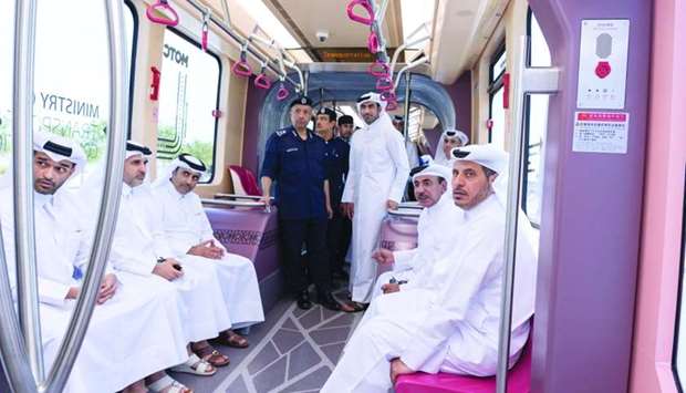 HE the Prime Minister and Minister of Interior Sheikh Abdullah bin Nasser bin Khalifa al-Thani, HE the Minister of Transport and Communications Jassim Seif Ahmed al-Sulaiti and other senior officials during the test operation of the Automatic Rapid Transit (ART) System.