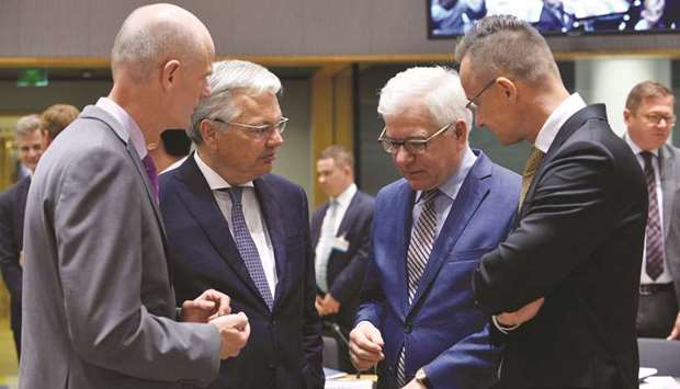(From left) Dutch Foreign Minister Stef Blok, Belgian Foreign Minister Didier Reynders, Polish Foreign Minister Jacek Czaputowicz and Hungarian Foreign Minister Peter Szijjarto attend an EU foreign ministersu2019 meeting in Brussels yesterday.