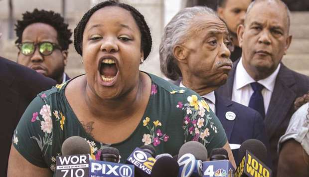 Emerald Garner, daughter of the late Eric Garner, speaks during a press conference outside the US attorneyu2019s office in the Brooklyn borough of New York City.