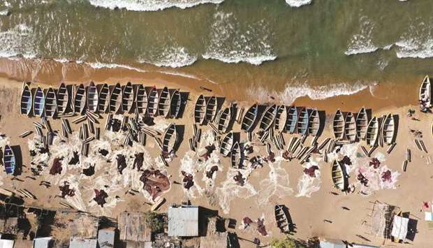 An aerial view of fishing boats on the shore of the Lake Malawi at the Senga village, Malawi.