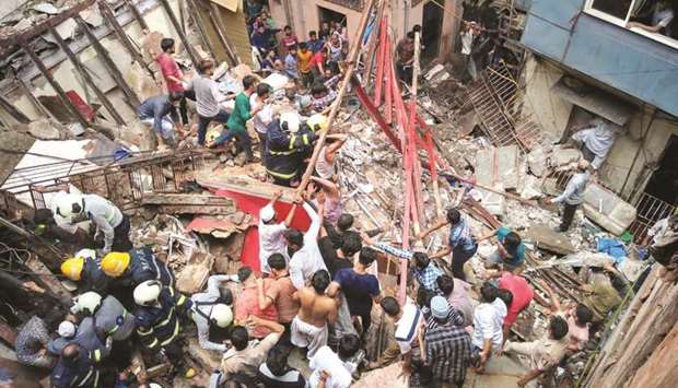 Rescue operations underway at Kesarbai building u2013 a four-storey building that collapsed in south Mumbaiu2019s Dongri yesterday. At least 50 people are feared trapped in the debris