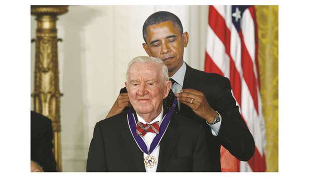 A May 29, 2012, file photo of president Barack Obama awarding the 2012 Presidential Medal of Freedom to former associate justice of the US Supreme Court John Paul Stevens during a ceremony in the East Room of the White House in Washington.