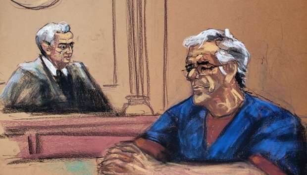 US financier Jeffrey Epstein looks on near Judge Richard Berman during a bail hearing in his sex trafficking case, in this court sketch in New York