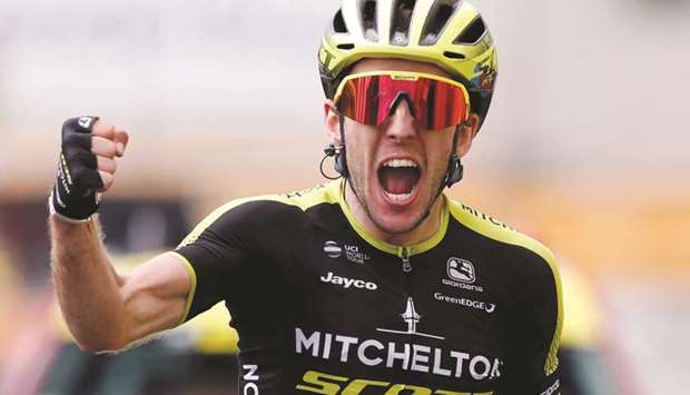 Mitchelton-Scott rider Simon Yates of Britain celebrates after winning the stage 12 of the Tour de France yesterday. (Reuters)