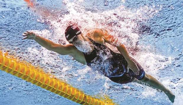 This file photo taken on July 29, 2017 shows US Katie Ledecky competing in the womenu2019s 800m freestyle final during the swimming competition at the 2017 FINA World Championships in Budapest. (AFP)