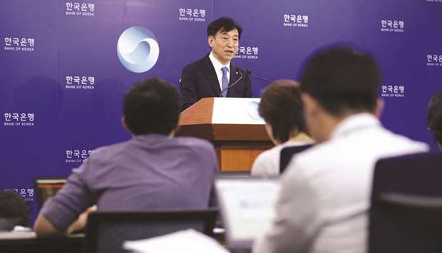 Lee Ju-yeol, governor of the Bank of Korea, speaks during a news conference in Seoul.