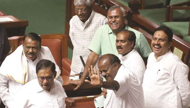 Chief Minister H D Kumaraswamy seen with party colleagues in Bengaluru yesterday.