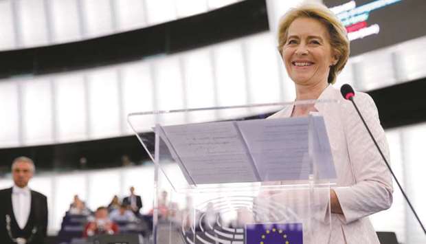 Elected European Commission President Ursula von der Leyen delivers a speech after a vote on her election at the European Parliament in Strasbourg, France.
