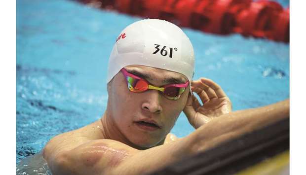Chinau2019s Sun Yang attends a training session during the 2019 World Championships at Nambu International Aquatics Centre in Gwangju yesterday. (AFP)