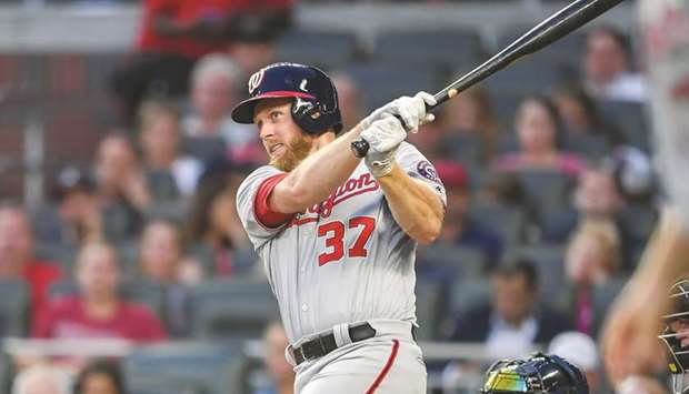 Washington Nationals starting pitcher Stephen Strasburg hits a two run home run against the Atlanta Braves during their MLB game at SunTrust Park. PICTURE: USA TODAY Sports
