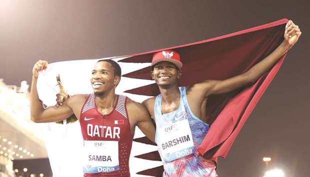 Abderrahman Samba (left) and Mutaz Essa Barshim will be participating in menu2019s 400m and high jump events at London Diamond League event Sunday respectively.