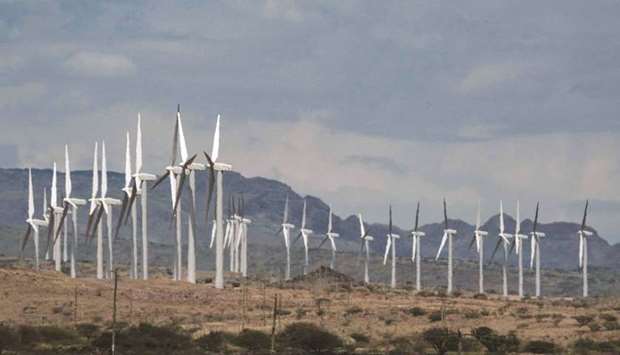 This file photo taken last year shows wind turbines of the Lake Turkana Wind Power project (LTWP), which have been standing idle for nearly a year, in Loiyangalani district, Marsabit County, northern Kenya.