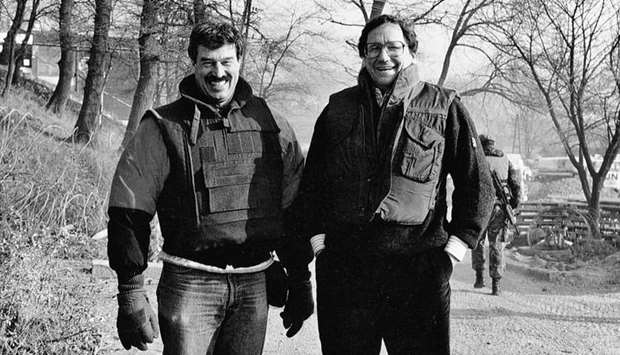 Richard Holbrooke (right) and Lionel Rosenblatt (left) on the road to Sarajevo. Credit: Courtesy of Sylvana Foa