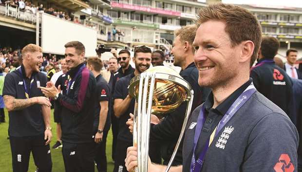 File photo of England captain Eoin Morgan holding the World Cup trophy at The Oval in London on July 15.