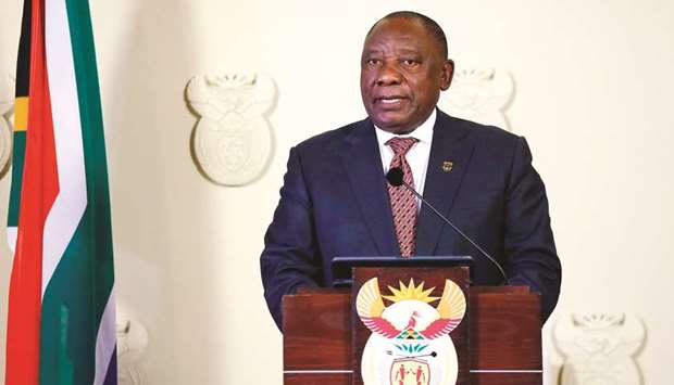 South African President Cyril Ramaphosa gives a press conference at The Union Buildings in Pretoria yesterday.