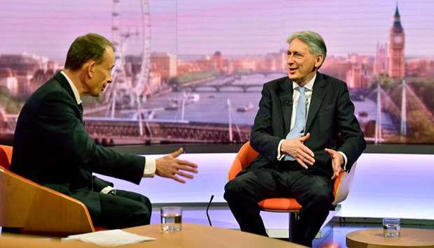 Chancellor of the Exchequer Philip Hammond appears on BBC TVu2019s The Andrew Marr Show in London yesterday.