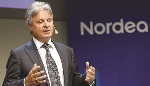 Casper von Koskull, CEO of Nordea Bank, gestures as he speaks during a news conference in Stockholm (file).