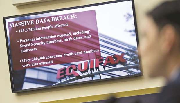 An Equifax Inc slide is displayed on a monitor during a House Financial Services Committee hearing in Washington, DC.