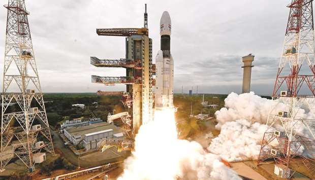 The Geosynchronous Satellite Launch Vehicle Mk III-M1 blasts off carrying Chandrayaan-2 from the Satish Dhawan space centre at Sriharikota yesterday.