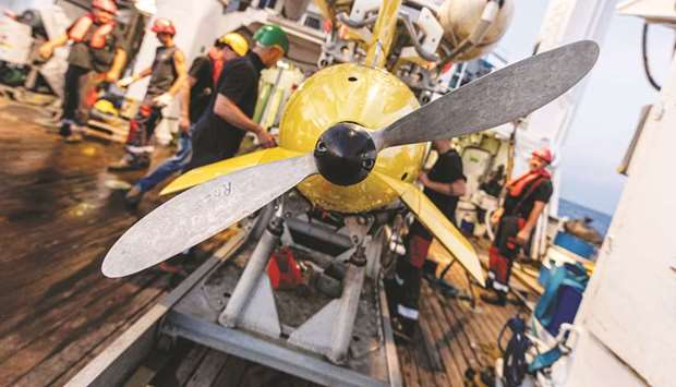 The AsterX submarine drone is seen on board the Antea research vessel during the second phase of the search for the wreckage of the Minerve submarine, in this image provided by the Marine Nationale yesterday.