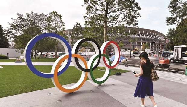 This picture shows the Olympic rings displayed at the Japan Sport Olympic Square beside the new National Stadium, still under construction, in Tokyo yesterday. (AFP)